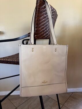 Coach White Pebbled Leather Tote with Gold-Tone Accents